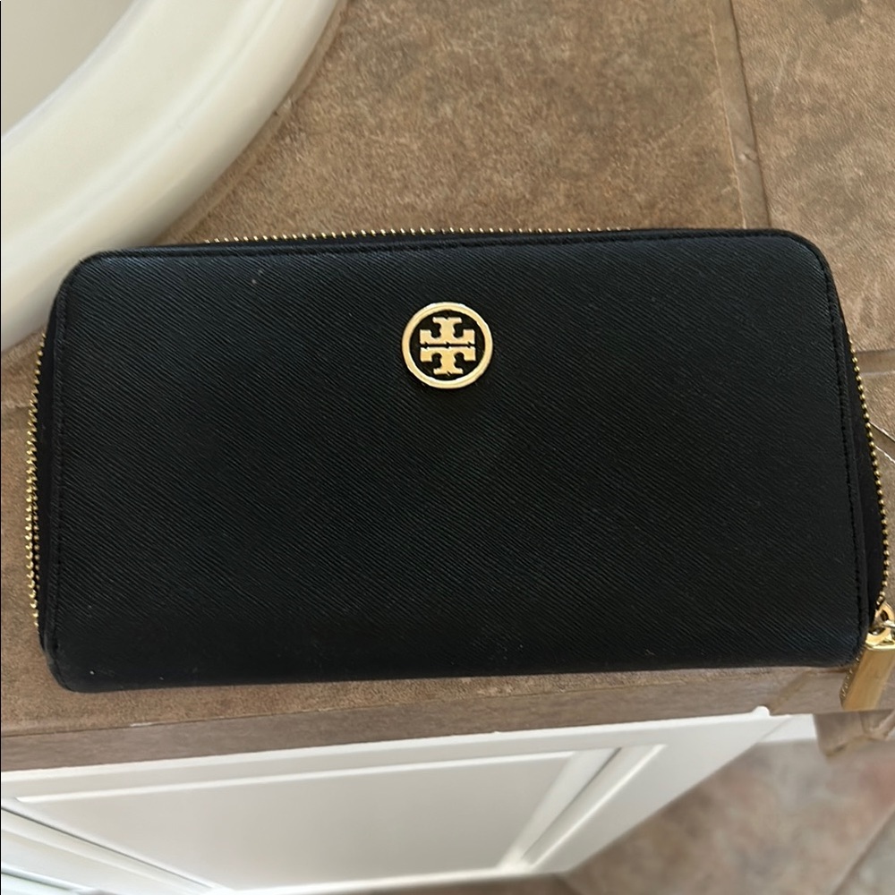 Tory Burch Black Wallet with Gold Accents